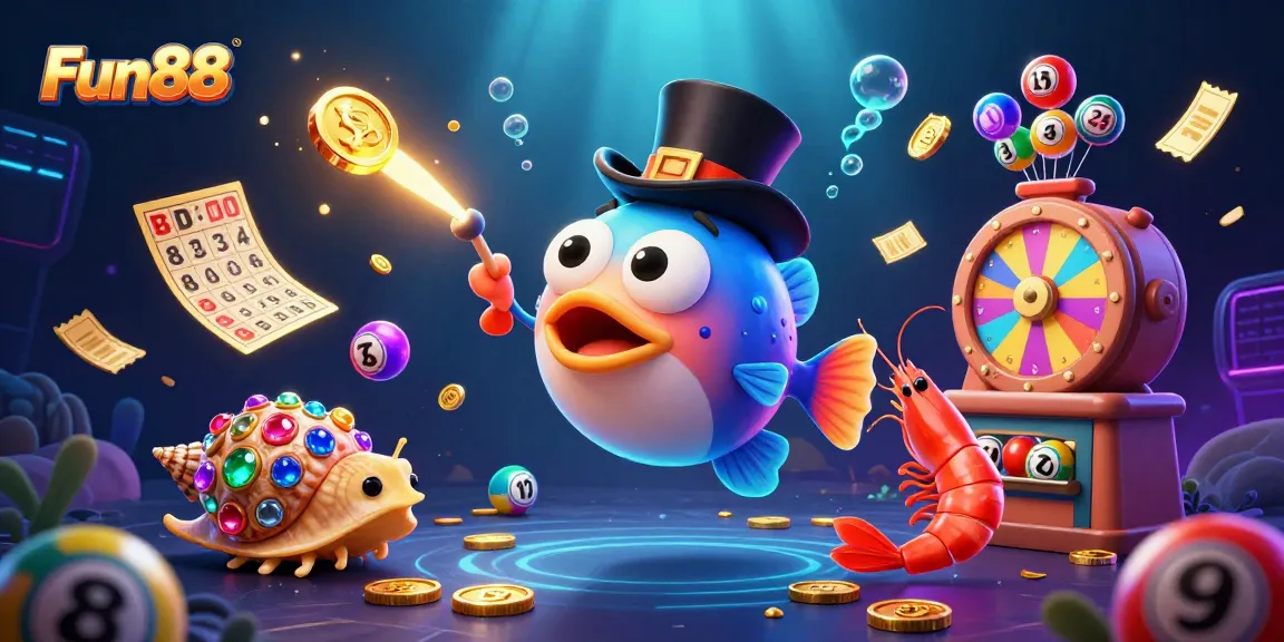 Engage with Fun88's vibrant lottery scene featuring a glowing anglerfish, coins, and dynamic lottery elements.