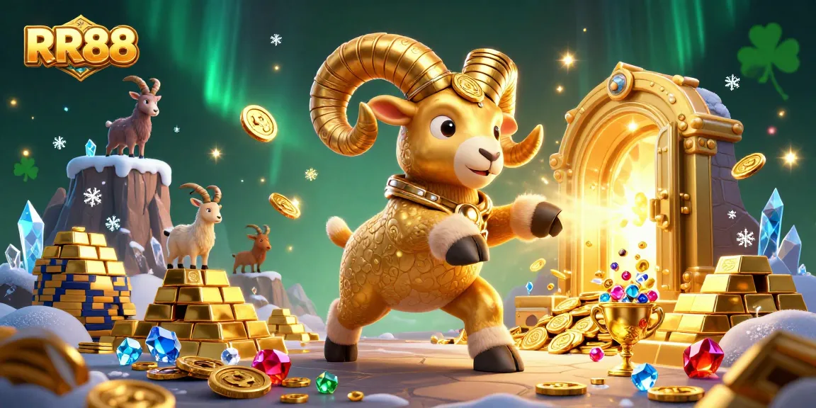 Experience the thrilling world of RR88 with a golden ram charging through treasure, revealing exciting casino opportunities.