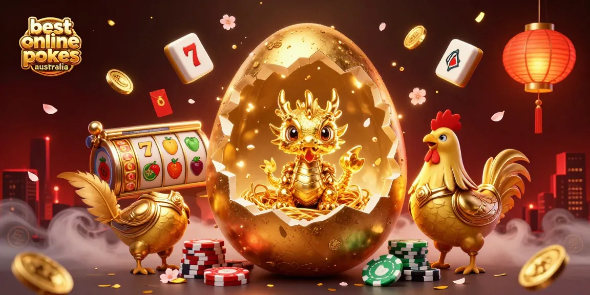 Experience the best online pokies australia with an ultra-detailed illustration of golden treasures and poker chips.