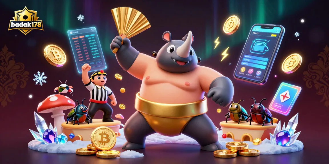 Experience thrilling gameplay at badak178 with a dynamic 3D casino scene filled with vibrant characters and crypto elements.